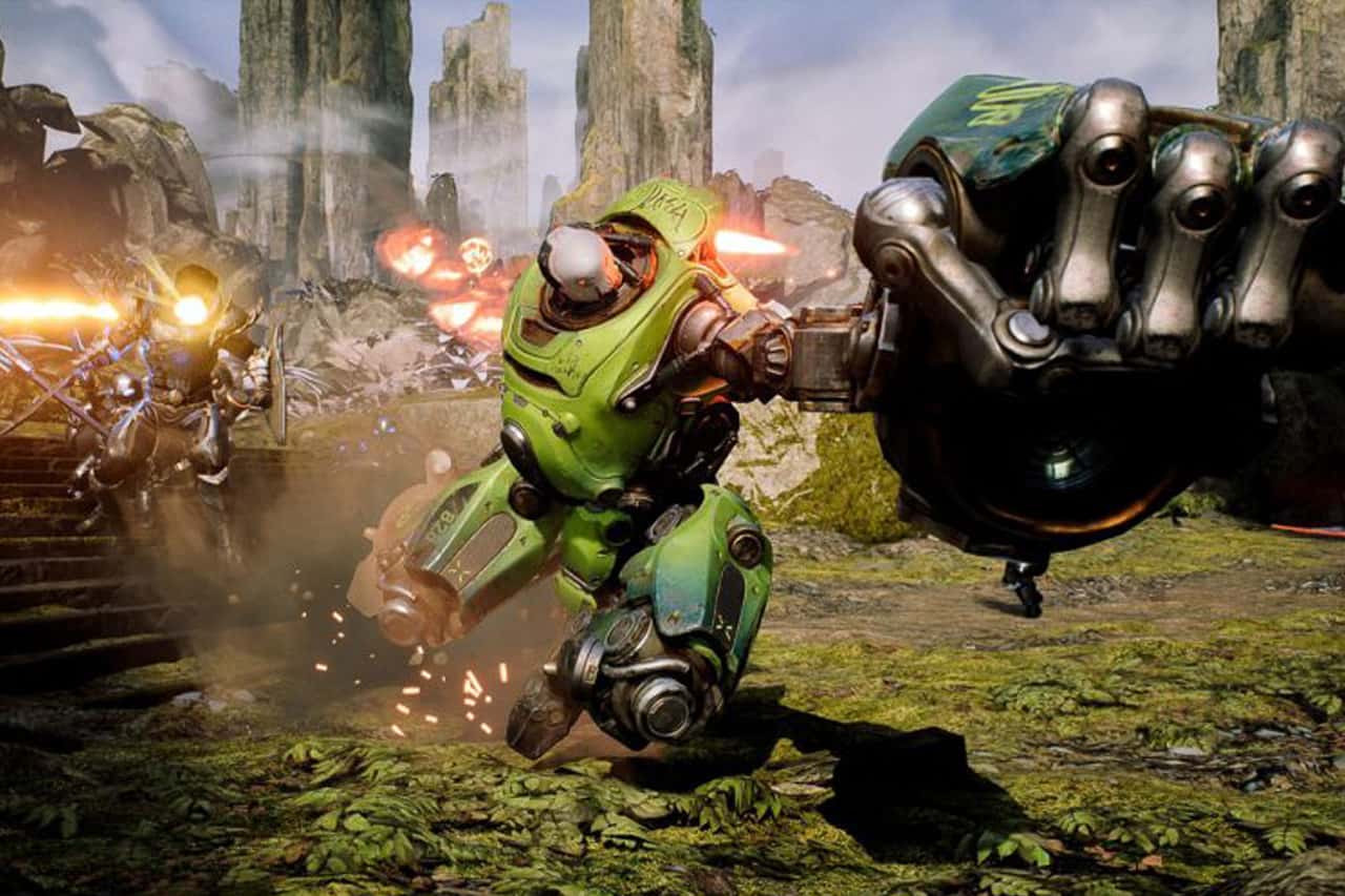 The mechanical centaur hero Orisa deployment in a forest combat zone firing arm cannon weapons with spark effects.