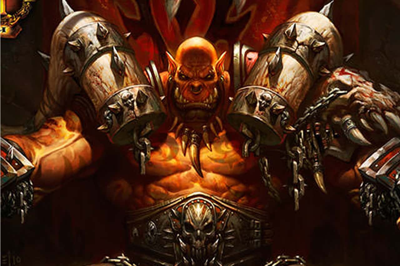 A fierce, muscular fantasy Orc chieftain character with large spiked horn tusk pauldrons roaring with glowing red eyes.