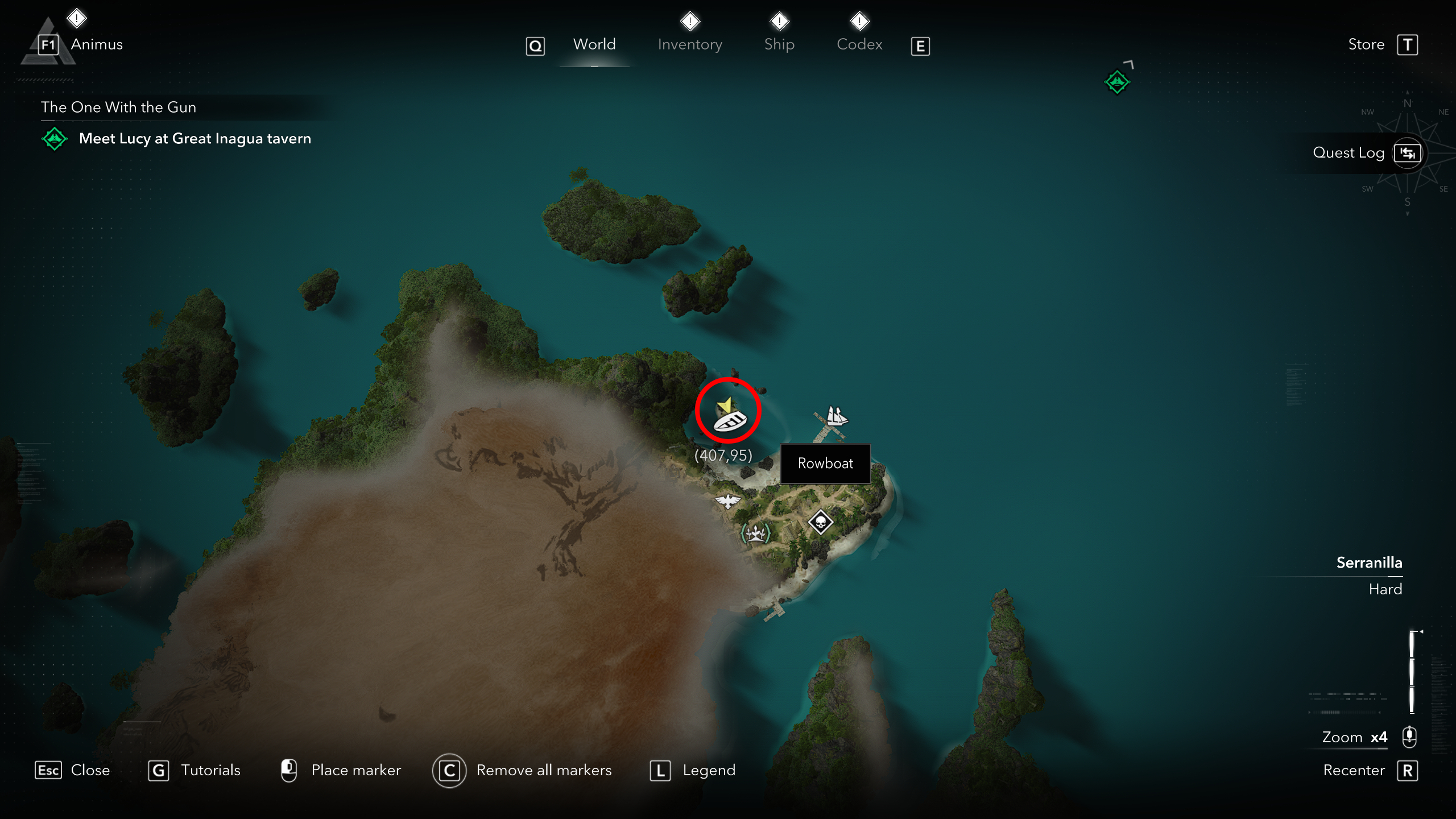 Black Flag treasure maps: A screenshot of the map with a red circle showing the location of the buried treasure chest in New Bone.