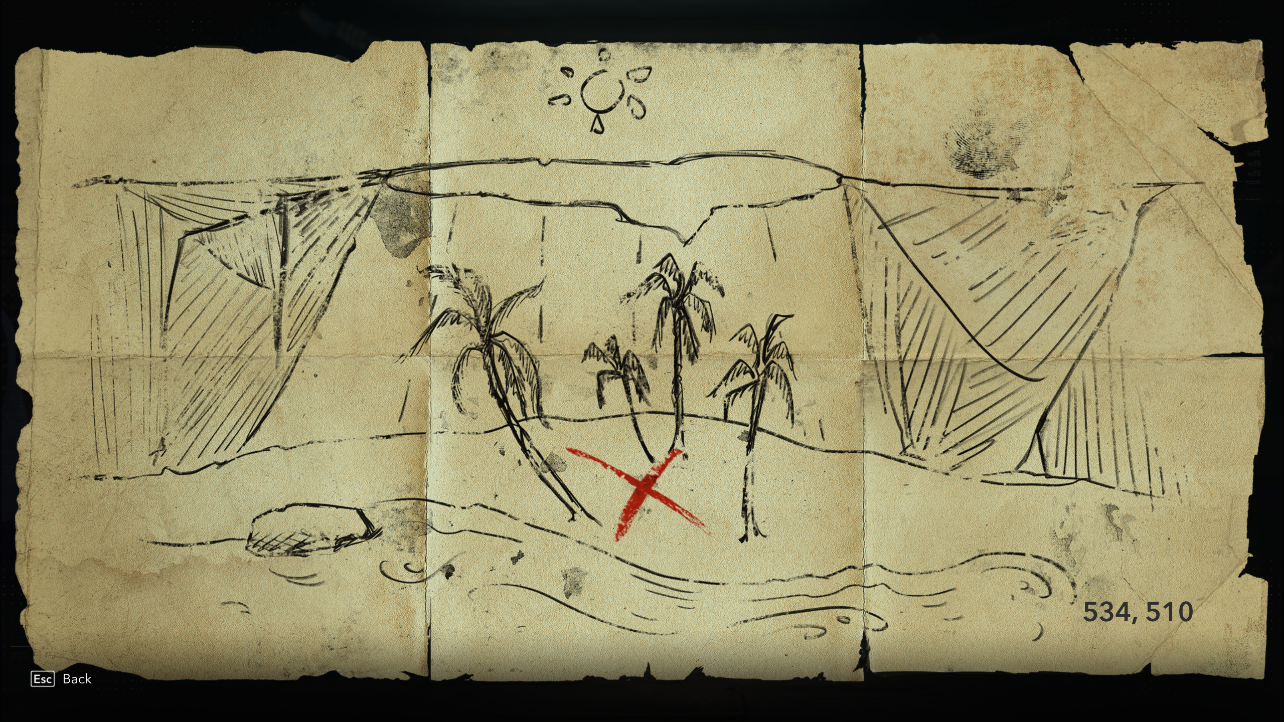 Black Flag treasure maps: A hand-drawn map leading to buried treasure.