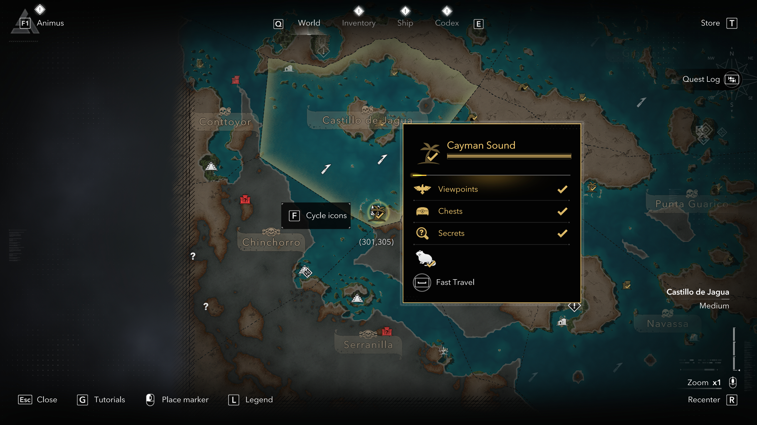 Black Flag treasure maps: A screenshot of the map showing the location of the buried treasure chest in Cayman Sound.