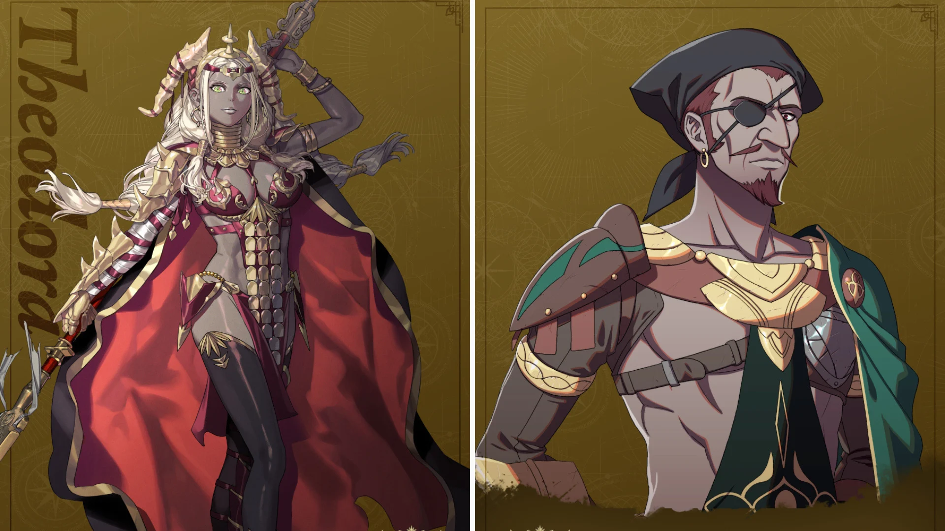Graphic from Fire Emblem Fortune's Weave featuring side-by-side pictures of Theodora and Bonaparte