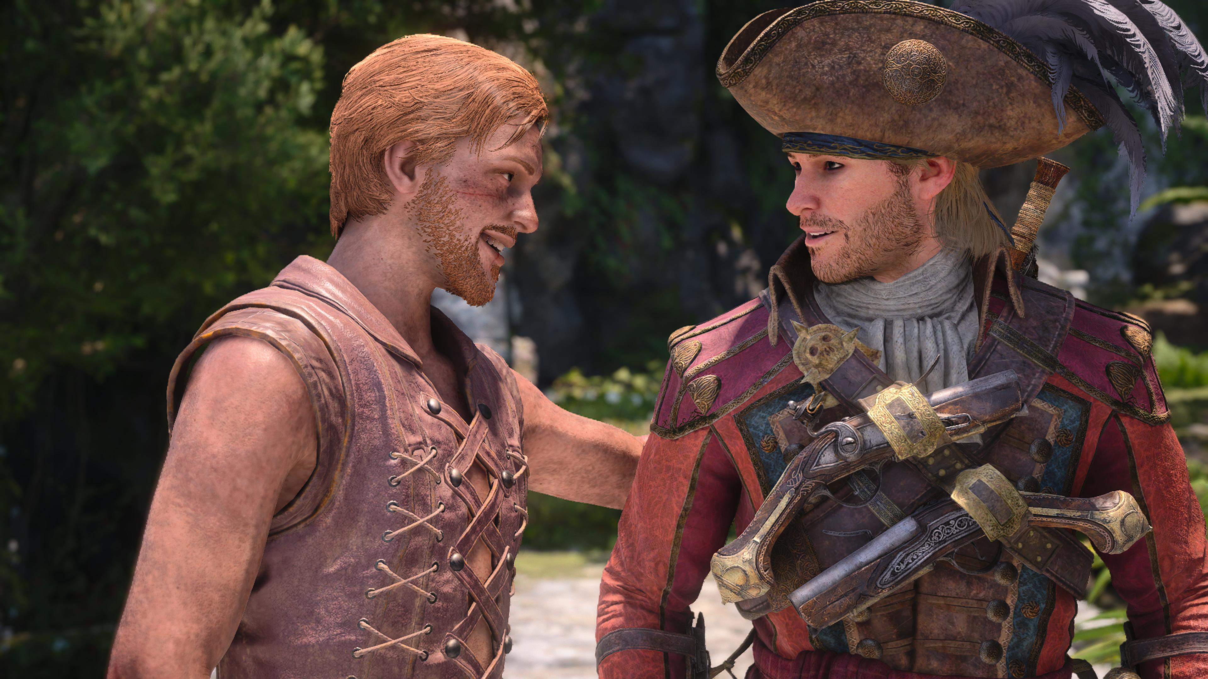 Edward is greeted by another pirate while wearing Captain Morgan's Redingote, one of the best outfits in Black Flag Resynced