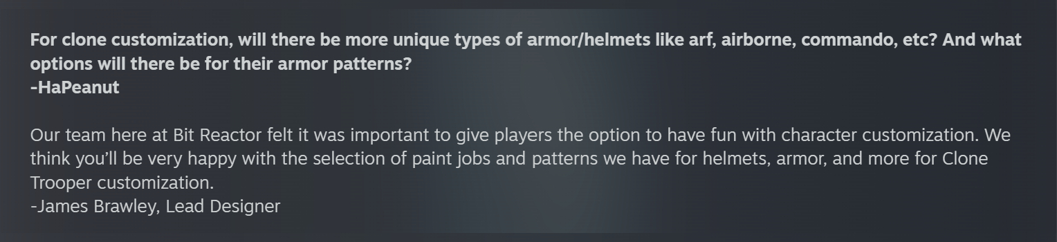 A screenshot from the Star Wars Zero Company Q&amp ,A on Steam, specifically a question about Clone armour customisation options.