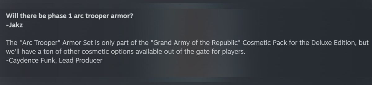 A screenshot from the Star Wars Zero Company Q&A on Steam, specifically a question about the Phase 1 Arc Trooper armour.