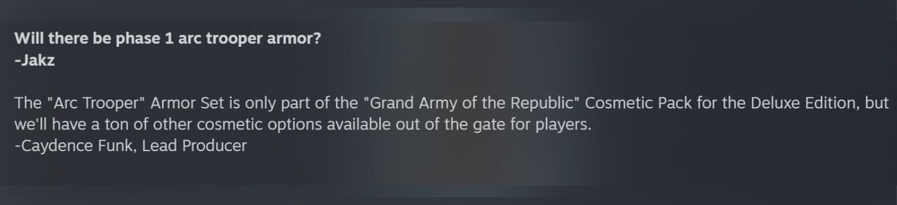 A screenshot from the Star Wars Zero Company Q&A on Steam, specifically a question about the Phase 1 Arc Trooper armour.