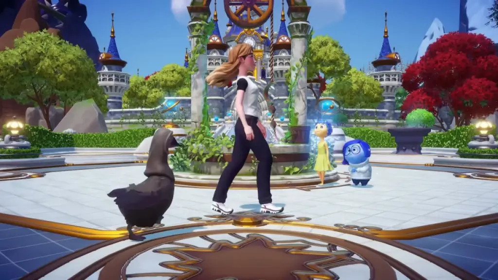 Player walking with goose by joy and sadness in memory mania event in Disney Dreamlight Valley.