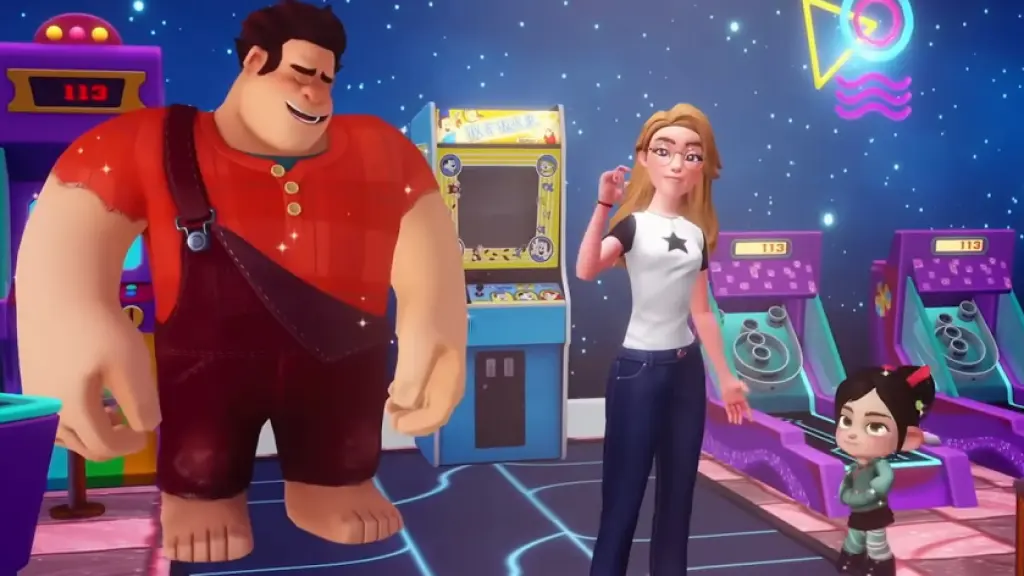 Player standing with Ralph and Vanellope in Disney Dreamlight Valley.