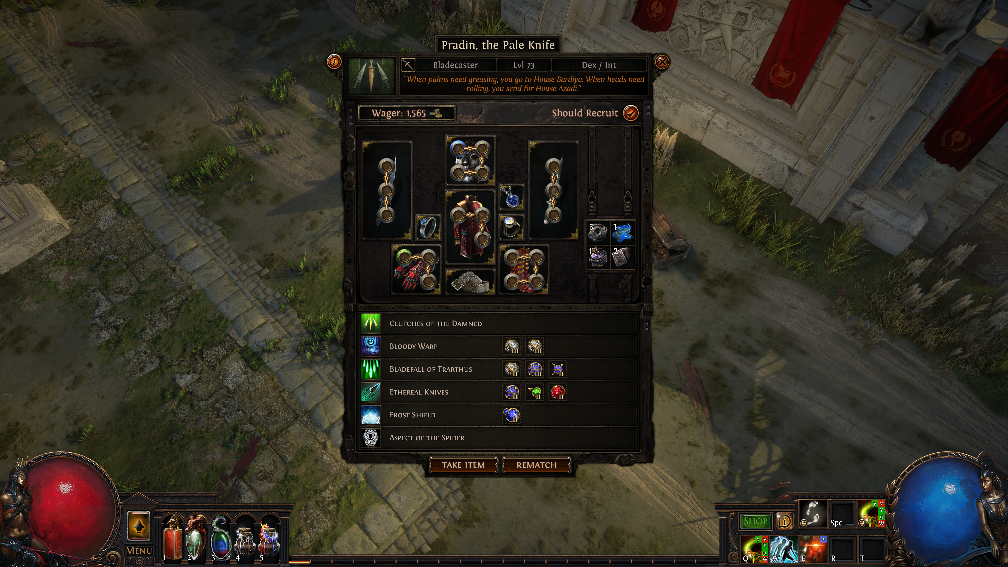 A screenshot of Path of Exile Curse of the Allflame. An inventory of mercenary armor sits in the middle of the screen with various items slotted into each space.