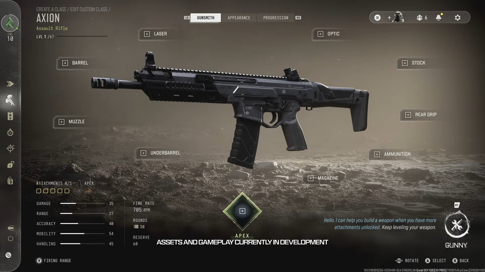 Modern Warfare 4: The loadout screen for the Axion assault rifle, with Gunny's prompt in the bottom right corner.