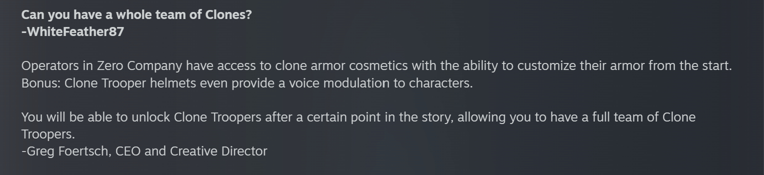 A screenshot from the Star Wars Zero Company Q&amp ,A on Steam, specifically a question about Clone Trooper teams.
