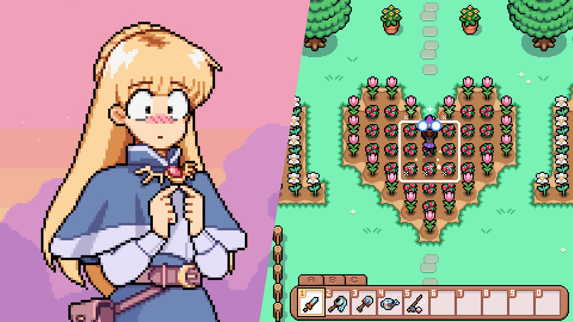 Left: Celine blushes, Right: A farmer waters their crops with magic in Fields of Mistria