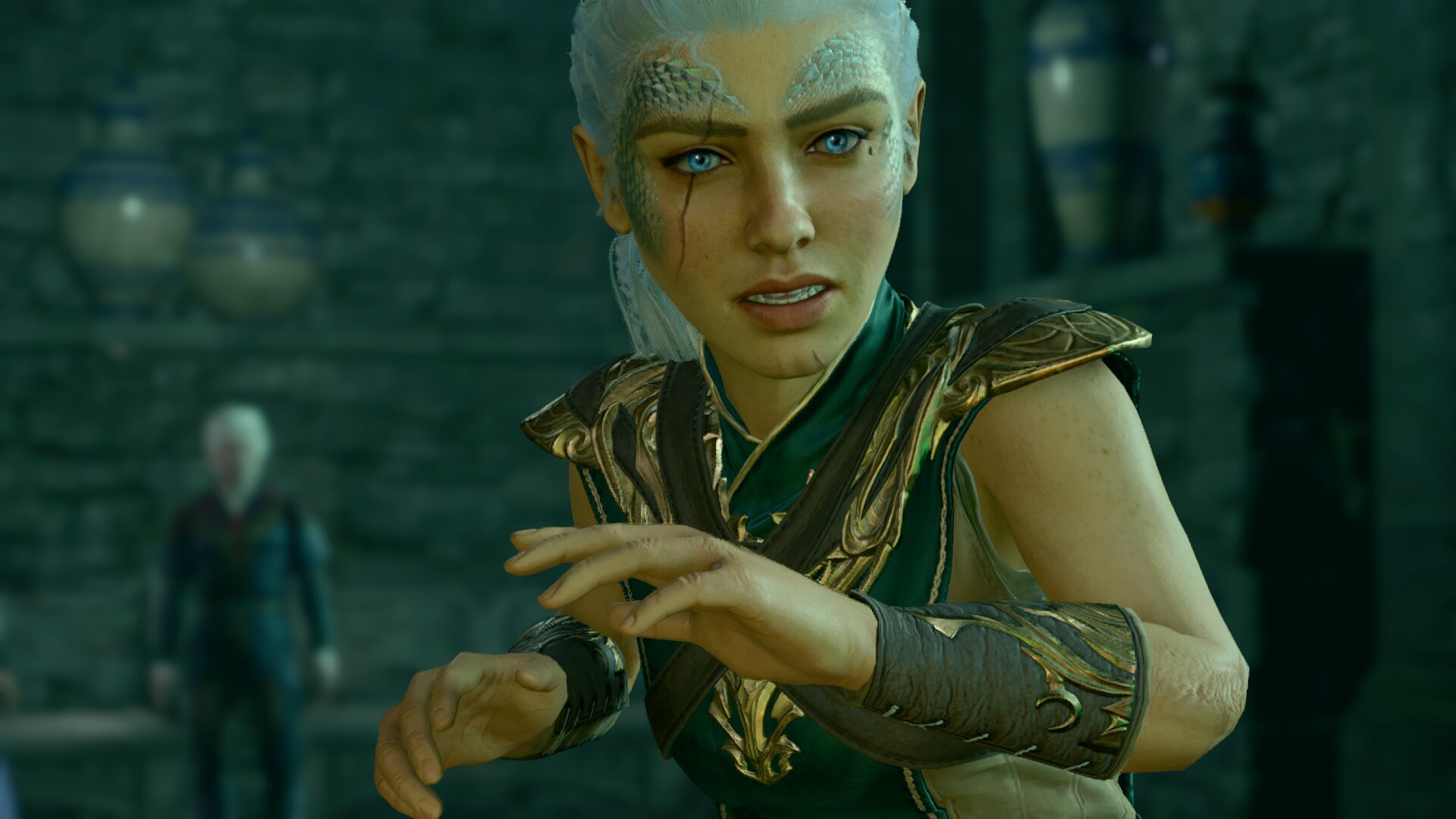 Baldur's gate 3 screenshot of a white haired dwarf sorcerer looking shocked by something off camera, with a blonde man standing in the background