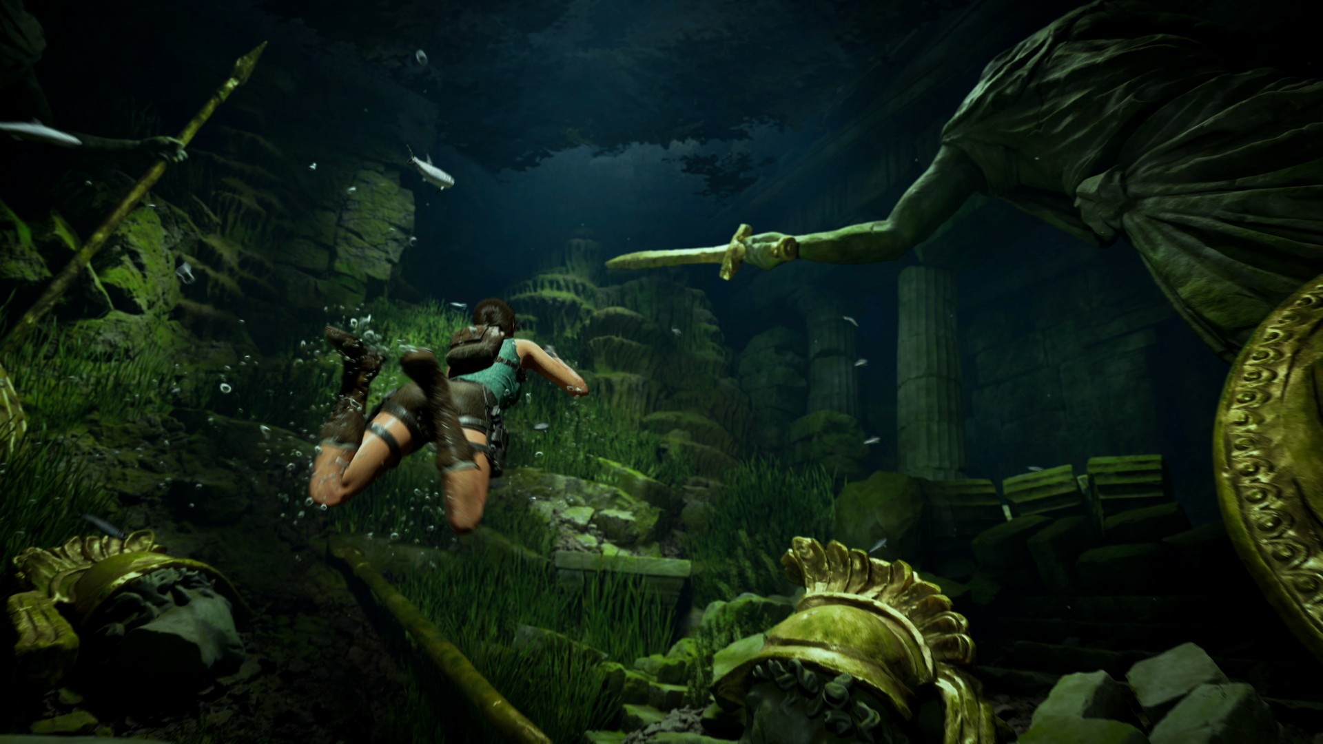 Lara Croft swims through temple ruins in Tomb Raider: Legacy of Atlantis