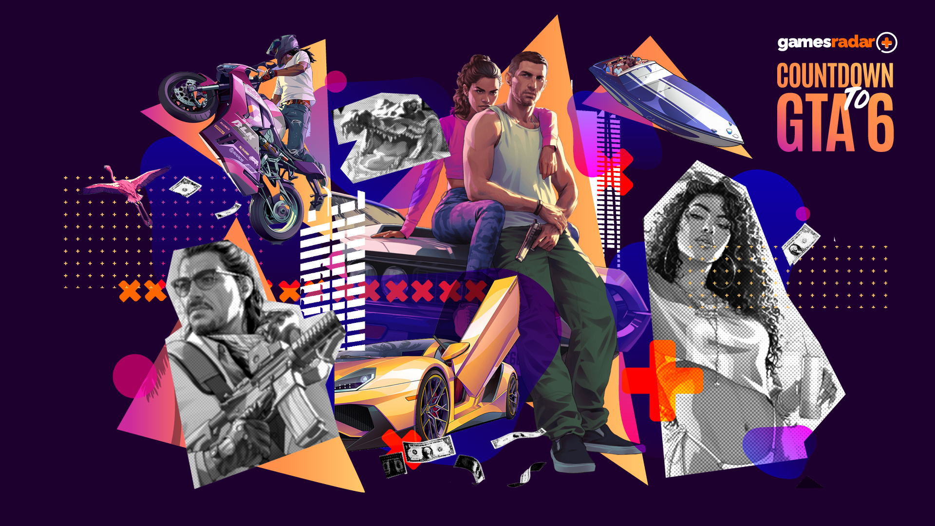 Composite image featuring artwork from GTA 6 for GamesRadar's Countdown to GTA 6