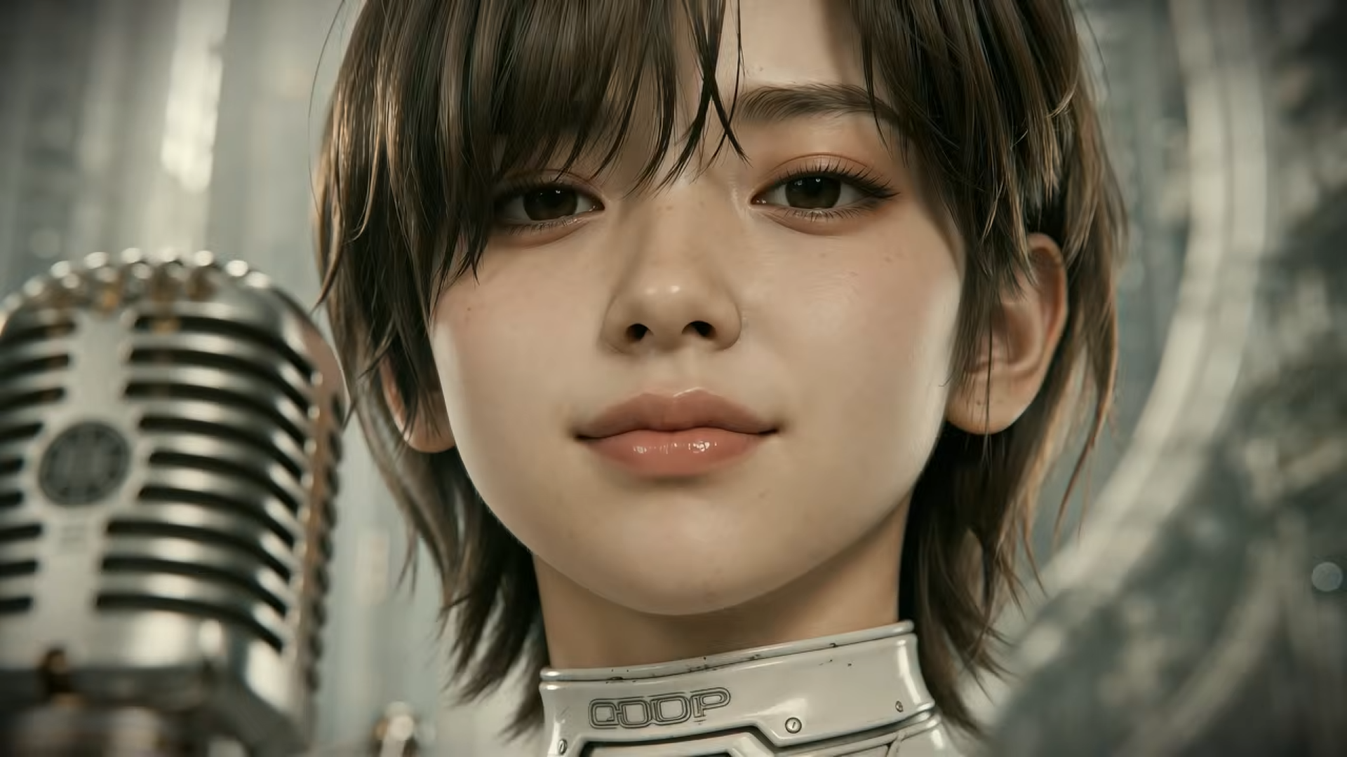 Screenshot from Stellar Blade: Blood Rain's Wanna be in LOVE music video, showing protagonist Evie smiling down at the camera with a microphone in her face.