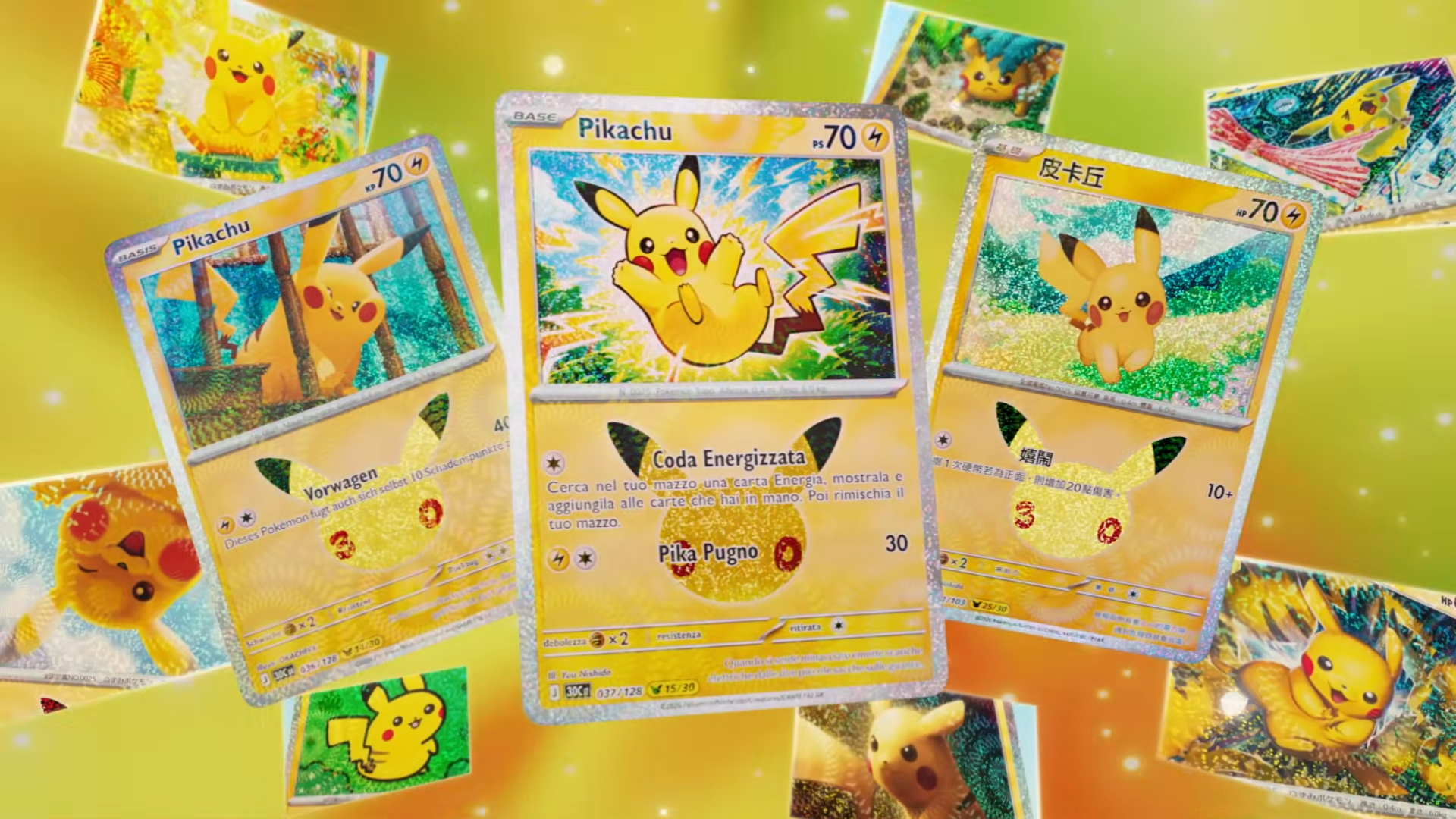 Multiple Pikachu Pokemon cards on a yellow, sparkly background