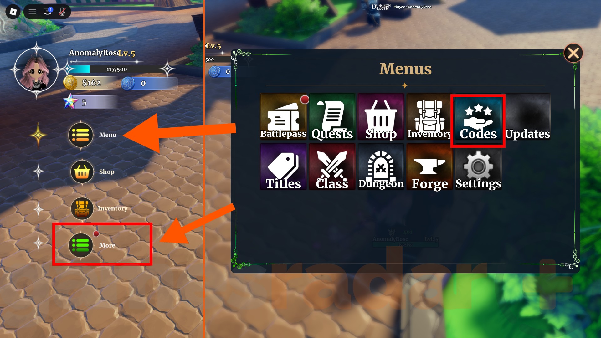 Orange arrows and boxes highlight how to redeem Dungeon Lootr codes in-game.
