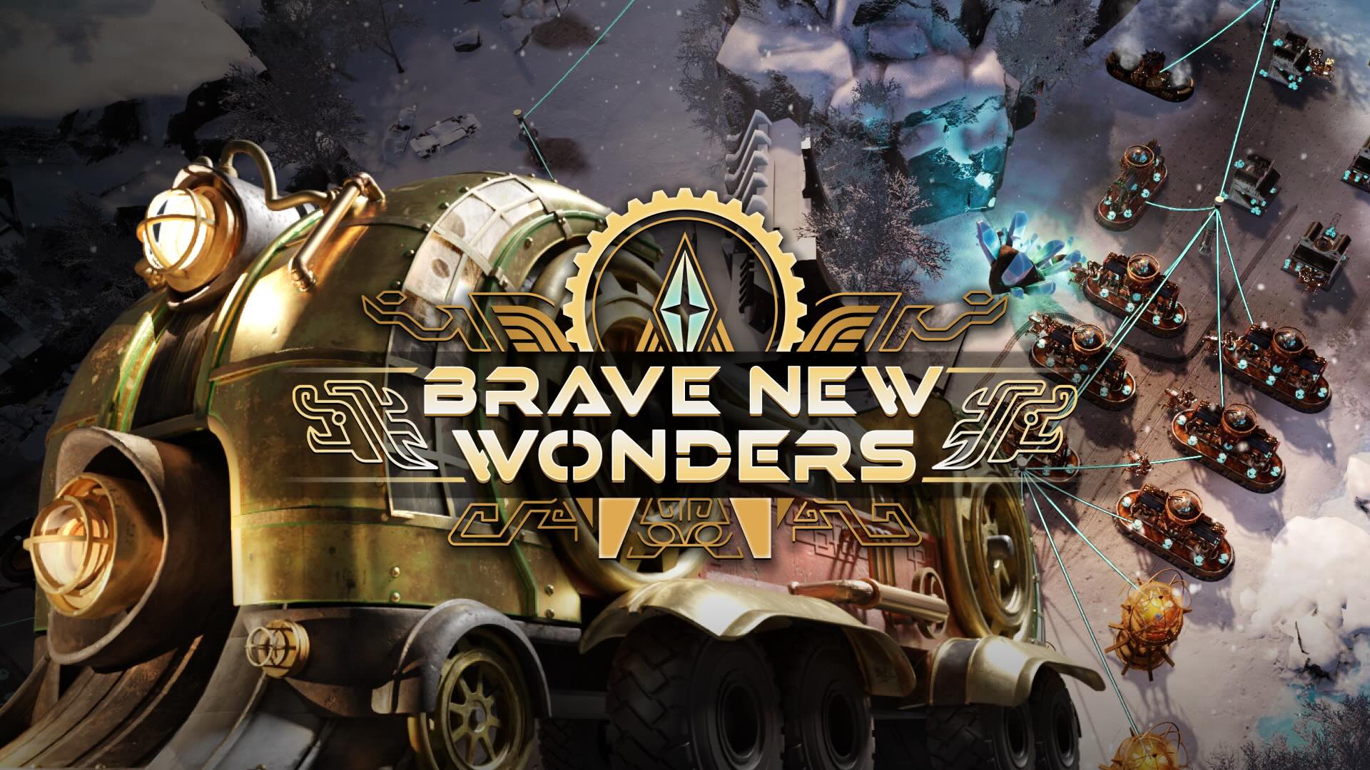 A fancy steam train looms large over a smaller fleet of fancy steam trains. The Brave New Wonders logo is shown.