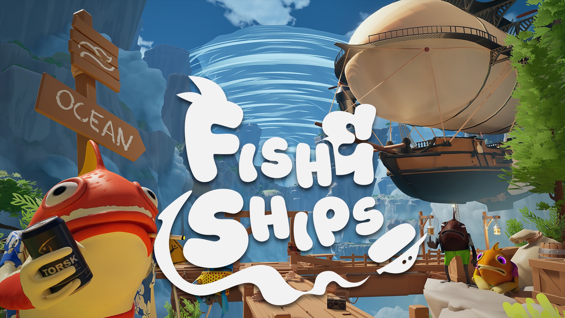Ocean creatures and a flying ship drift around a dock. The Fish and Ships logo is shown.