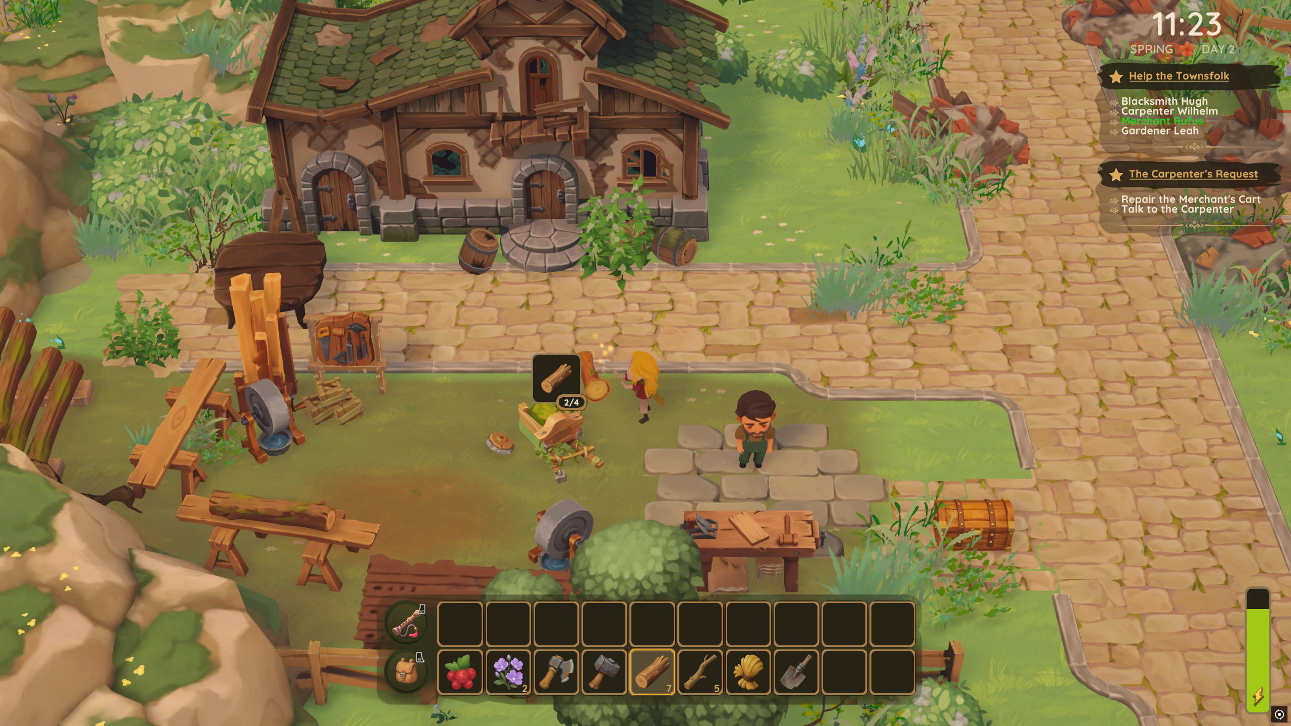Dragon Shelter - A player throws wood logs at a cart to fix it