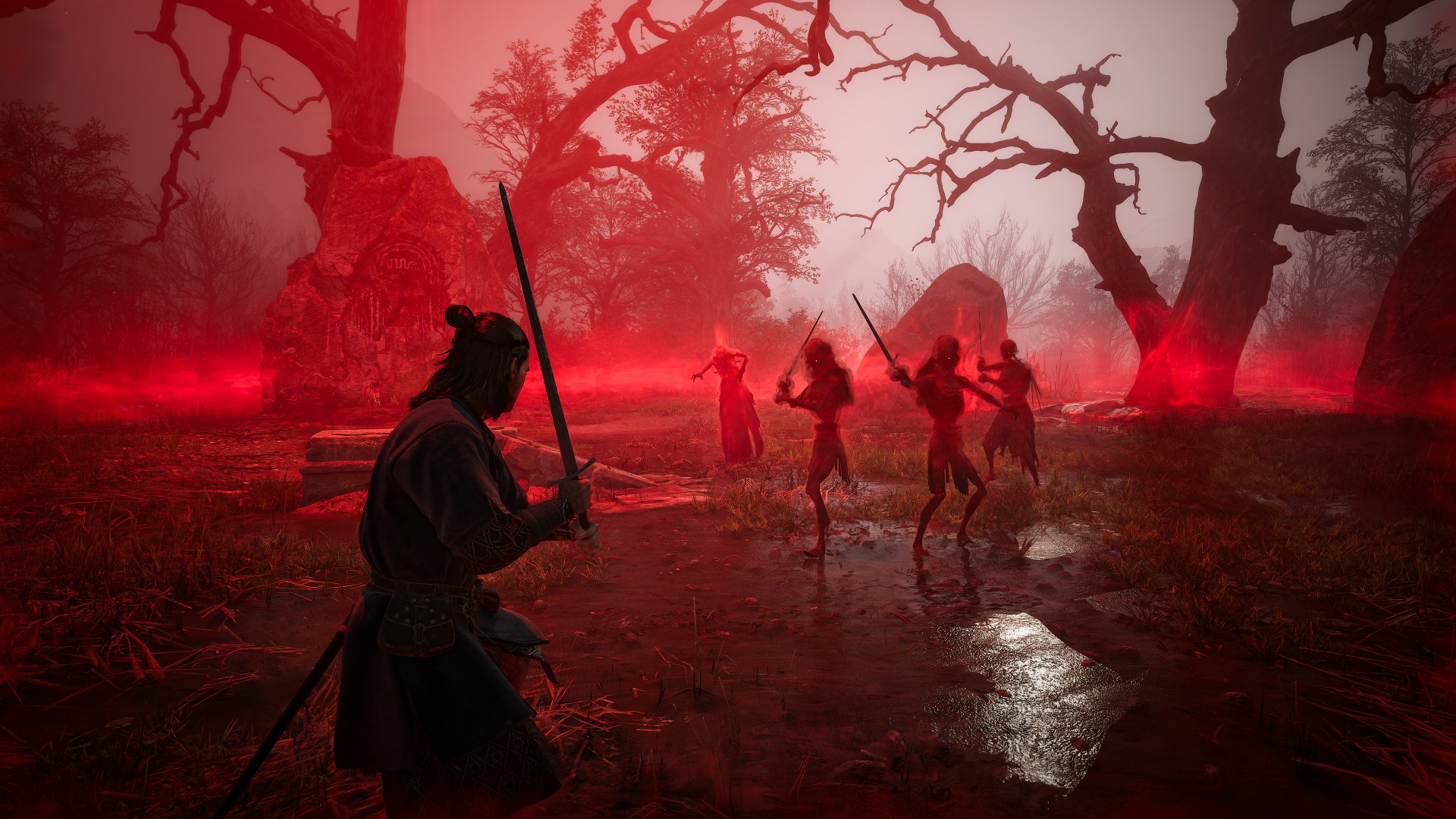 The Blood of Dawnwalker combat gameplay showing Coen fighting four undead warriors with swords