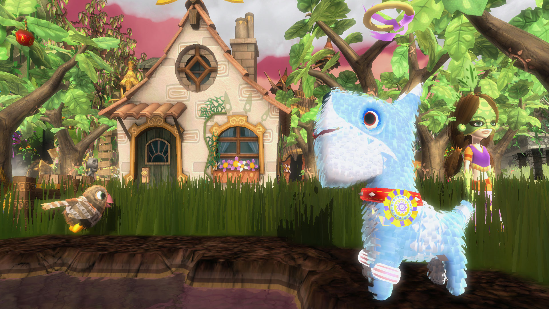 A house with a person, dog, and bird in front of it in Viva Pinata